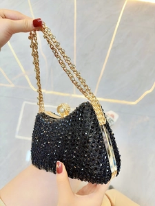 Elegante schwarze Strass-Clutch mit Goldrahmen und Perlenverschluss für Abendgarderobe