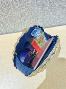 Internal view of gold shell evening clutch showing storage space for makeup and phone