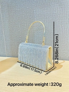Elegante borsa da sera con strass argento, frange e manico in metallo dorato per gala