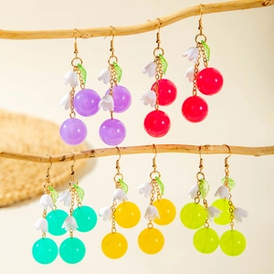 Sweet Cherry Berry Dangle Earrings Resin Acrylic Beads White Lily Of The Valley Flower Gold Plated Summer Fruit Jewelry