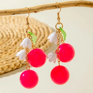 Sweet red cherry drop earrings with white petals and green leaves on gold hooks