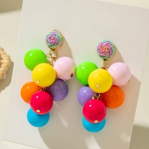 Detailed view of colorful beaded cluster earrings with rainbow woven disc accents
