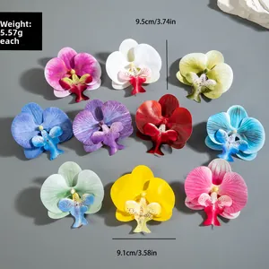 Macro detail of artificial Phalaenopsis orchid silk flower heads in ten vibrant colors