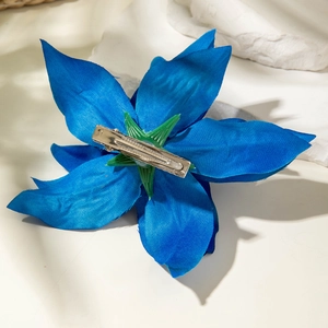 Blue lily flower hair clip with silver metal duckbill clip for women resort styling