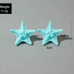 Detail view of light blue resin starfish earrings showing size 4cm and 11.1g weight