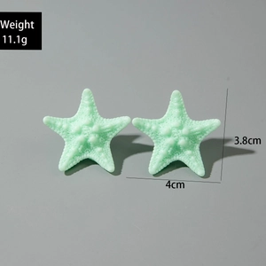 Detail of mint green resin starfish earrings with textured surface and size dimensions
