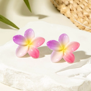 Daisy resin flower earrings with purple-yellow gradient petals on a white stone base