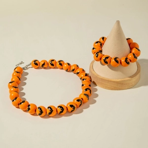 Halloween pumpkin orange bead necklace and bracelet set with black bat patterns
