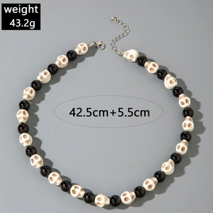 Gothic beaded necklace with skull charms, 42.5cm length and adjustable lobster clasp