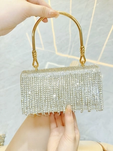 Lussuosa Borsa da Sera con Nappine di Strass Manico Rotondo Metallico Pochette da Banchetto per Donna Gioielli Matrimonio Festa