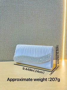 Elegant silver rhinestone evening clutch bag for women with size dimensions and weight