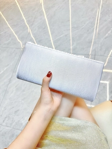 Elegant silver rhinestone evening clutch bag held by model against a stylish grey background