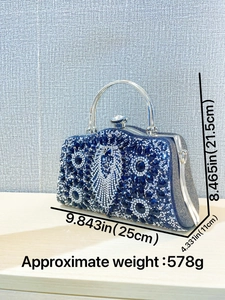 Elegant navy blue rhinestone evening bag with silver metal handle and gemstone buckle