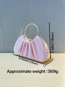 Pink pleated evening bag with gold metal handle and satin finish shell design