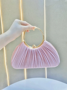 Pleated Satin Evening Bag With Round Gold Metal Handle Vintage Elegant Clutch Purse For Women Party Wedding Banquet Bag
