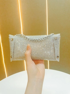 Elegant silver rhinestone evening clutch bag with detachable metal chain strap
