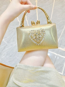 Heart Rhinestone Evening Bag Glitter Hard Shell Clutch With Metal Bamboo Handle For Women Banquet Wedding Party Handbag