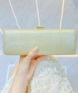 Macro view of champagne glitter evening clutch with rhinestone buckle clasp
