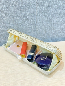 Detail of champagne gold evening clutch interior showing space for phone and makeup