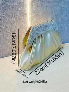 Gold pleated evening clutch with rhinestone and pearl floral clasp, 27cm elegant handbag