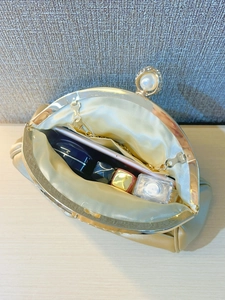 Detail view of champagne gold evening bag showing spacious interior with satin lining