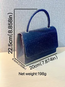 Navy blue glitter evening clutch bag with top handle and hard flap closure for formal parties