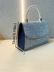Detailed size view of silver rhinestone evening handbag 20cm x 6cm x 13cm with weight details