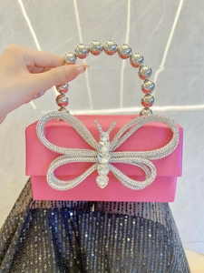 Luxury French Style Satin Box Evening Bag Rhinestone Butterfly Wedding Party Clutch Handbag With Silver Bead Handle For Women
