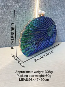 Vintage shell-shaped evening clutch bag with teal sequins and pearl clasp closure