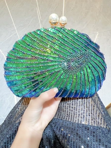 Vintage Shell Shape Sequin Beaded Evening Clutch Bag With Artificial Pearl Clasp For Women Wedding Banquet Party Handbag Shoulder Bag