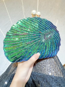 Vintage shell evening clutch bag with blue green sequins, beads and pearl clasp