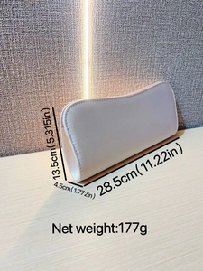 Minimalist beige clutch evening bag with dimensions 28.5cm x 13.5cm and elegant curves