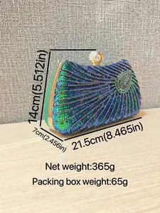 Elegant peacock sequin evening clutch bag with pearl clasp at a 45-degree angle