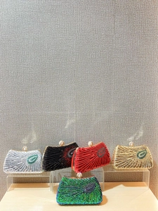 Elegant peacock feather evening bags with luxury sequins and pearl clasp in five colors