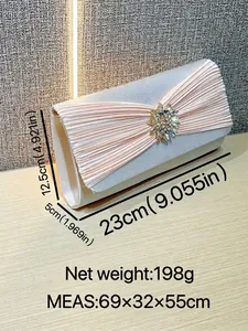 Pochette de soirée plissée champagne avec décor fleur cristal 23cm x 12,5cm x 5cm