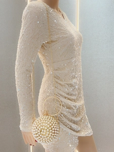 Detail of beaded evening clutch with white pearls and sparkling sequined party dress