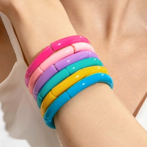 Colorful Acrylic Bamboo Joint Tube Bead Bracelets Elastic Stretch Bangle Dopamine Style Fashion Jewelry Women Girls