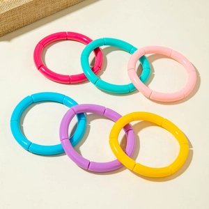 Set of six colorful dopamine style bamboo joint stretch bracelets for women in candy colors