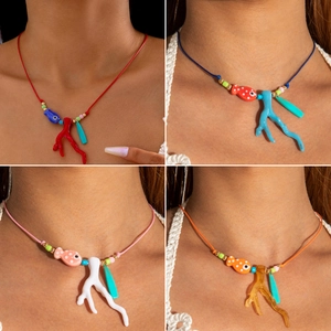 Collana In Corda Intrecciata A Mano Ciondolo Pesce Corallo In Resina Gioielli Moda Estate Oceano Per Donna