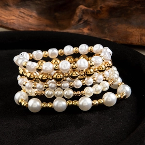 Five-piece multi-layered heart faux pearl and gold beaded bracelet set for women
