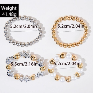 Detail view of 4-piece pearl and metal bead bracelet set with weight and size specifications