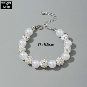 Detailed view of beaded heart faux pearl bracelet set with silver lobster clasp and size info