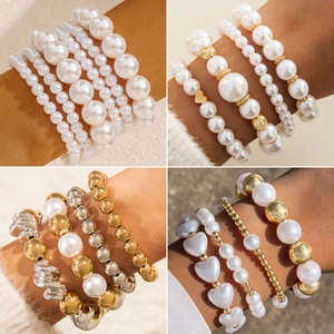 Fashion Beaded Bracelet Imitation Artificial Pearl Heart Shell Pendant Layered Elastic Jewelry For Women Vintage Elegant