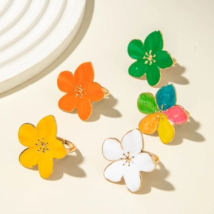 Five-piece vintage lava flower ring set with colorful enamel glaze and gold plating
