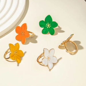 Five-piece vintage lava flower ring set with colorful enamel drip glaze for women