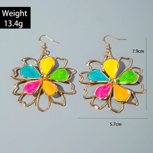 Detail view of colorful enamel floral earrings with 13.4g weight and 7.9cm height