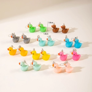 Detailed size view of colorful resin duck earrings measuring 3.8cm in height and 1.8cm in width