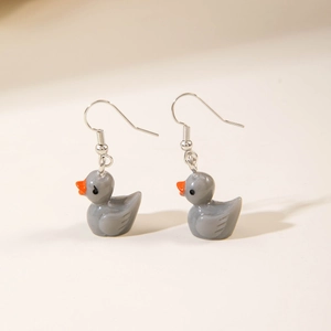 Creative cartoon grey duck resin earrings with orange beak and silver metal hooks
