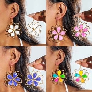 Elegant hollow floral gold drop oil earrings set in white, pink, purple and mixed colors