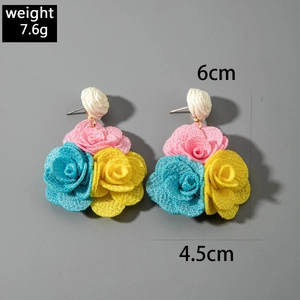 Detailed view of colorful fabric flower earrings with 6cm length and 7.6g weight metrics